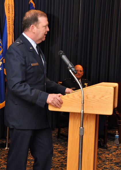 Brigadier General Richard Scobee, commander of 10th Air Force, gave his remarks during a change of command ceremony at Naval Air Station Fort Worth Joint Reserve Base, Texas, October 18, 2014. Lieutenant General James Jackson, commander of Air Force Reserve Command and chief of the Air Force Reserve was the presiding officer during the ceremony.