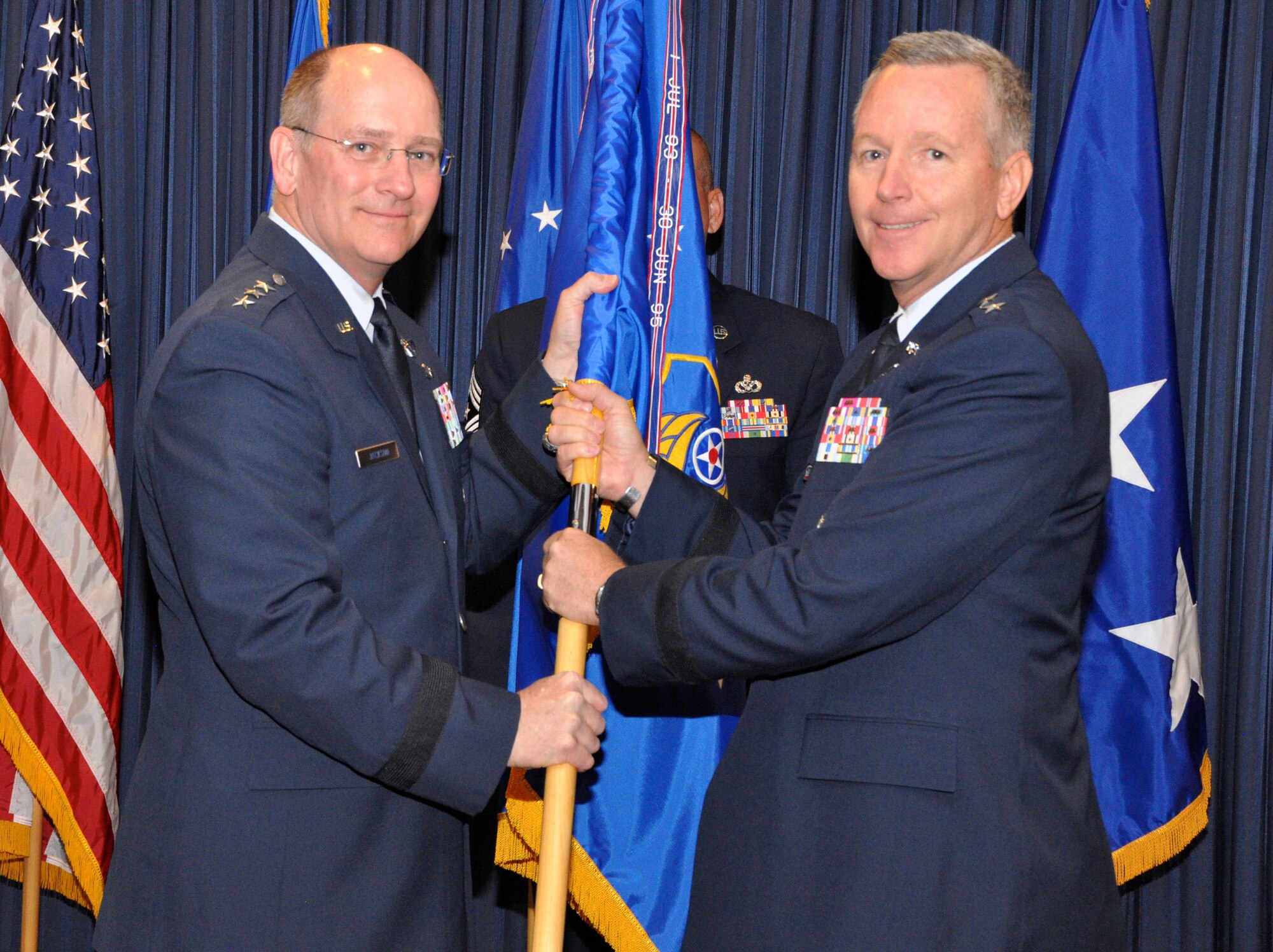 Major General William Binger relinquished command during a change of command ceremony at Naval Air Station Fort Worth Joint Reserve Base, Texas, October 18, 2014. Lieutenant General James Jackson, commander of Air Force Reserve Command and chief of the Air Force Reserve was the presiding officer during the ceremony.