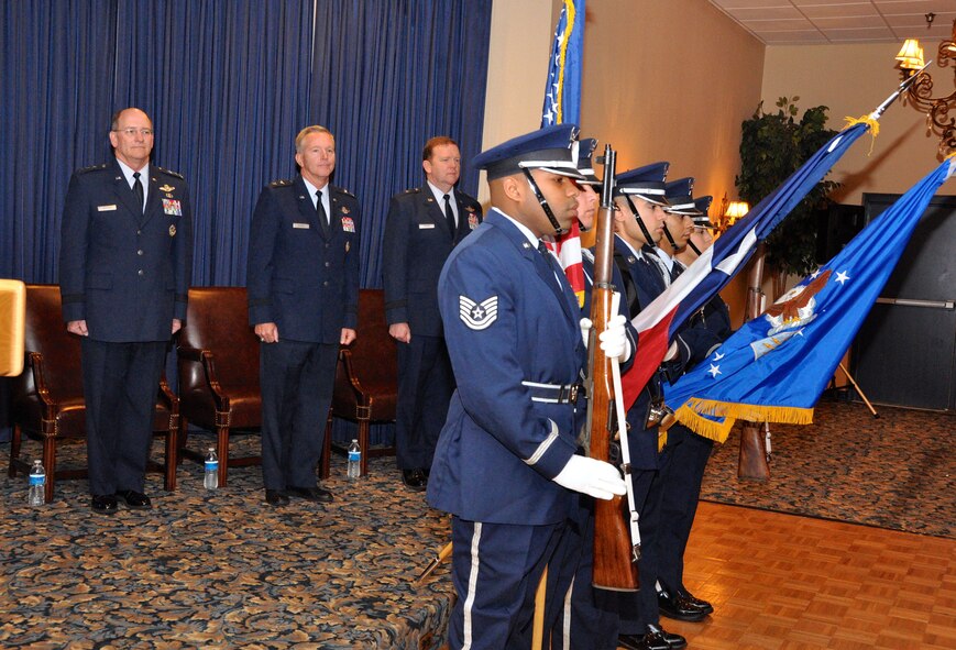 The 301st Fighter Wing Honor Guard performed flag honors during the 10th Air Force change of command ceremony at Naval Air Station Fort Worth Joint Reserve Base, Texas on October 18, 2014.