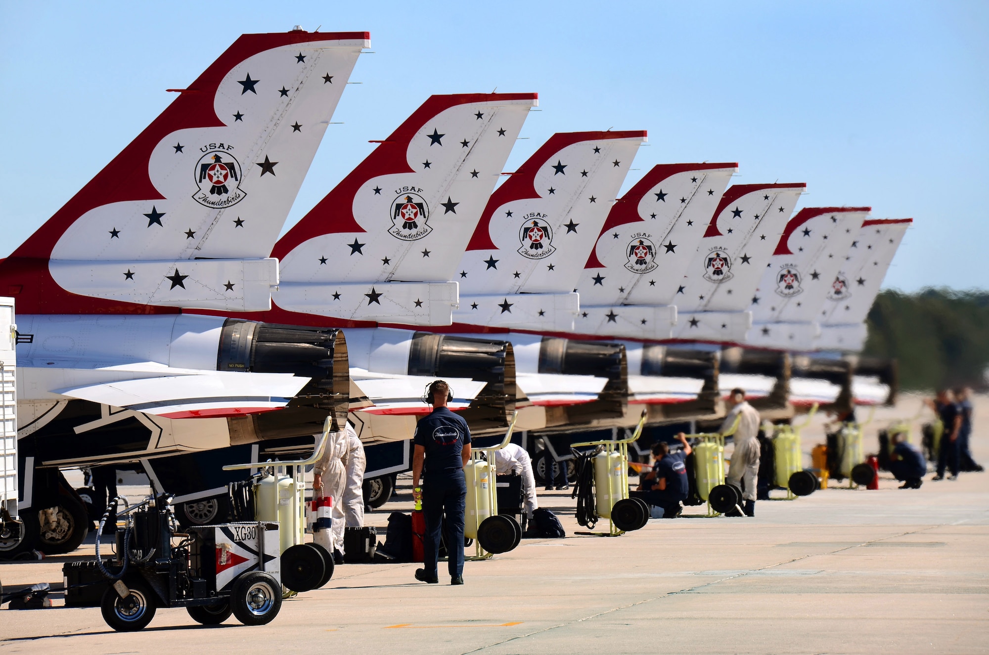 Thunderbirds #1 thru 6 get properly aligned prior to engine shut down, with #7 already parked at the end of the line at Dobbins Air Reserve Base after their practice show in Rome, Georgia, Oct., 17. The USAF Air Demonstration Squadron Thunderbirds are using Dobbins as their base of operations for their performances at the Wings Over North Georgia Air Show this weekend at the Russell Regional Airport in Rome, Georgia. (U.S. Air Force photo/ Brad Fallin)