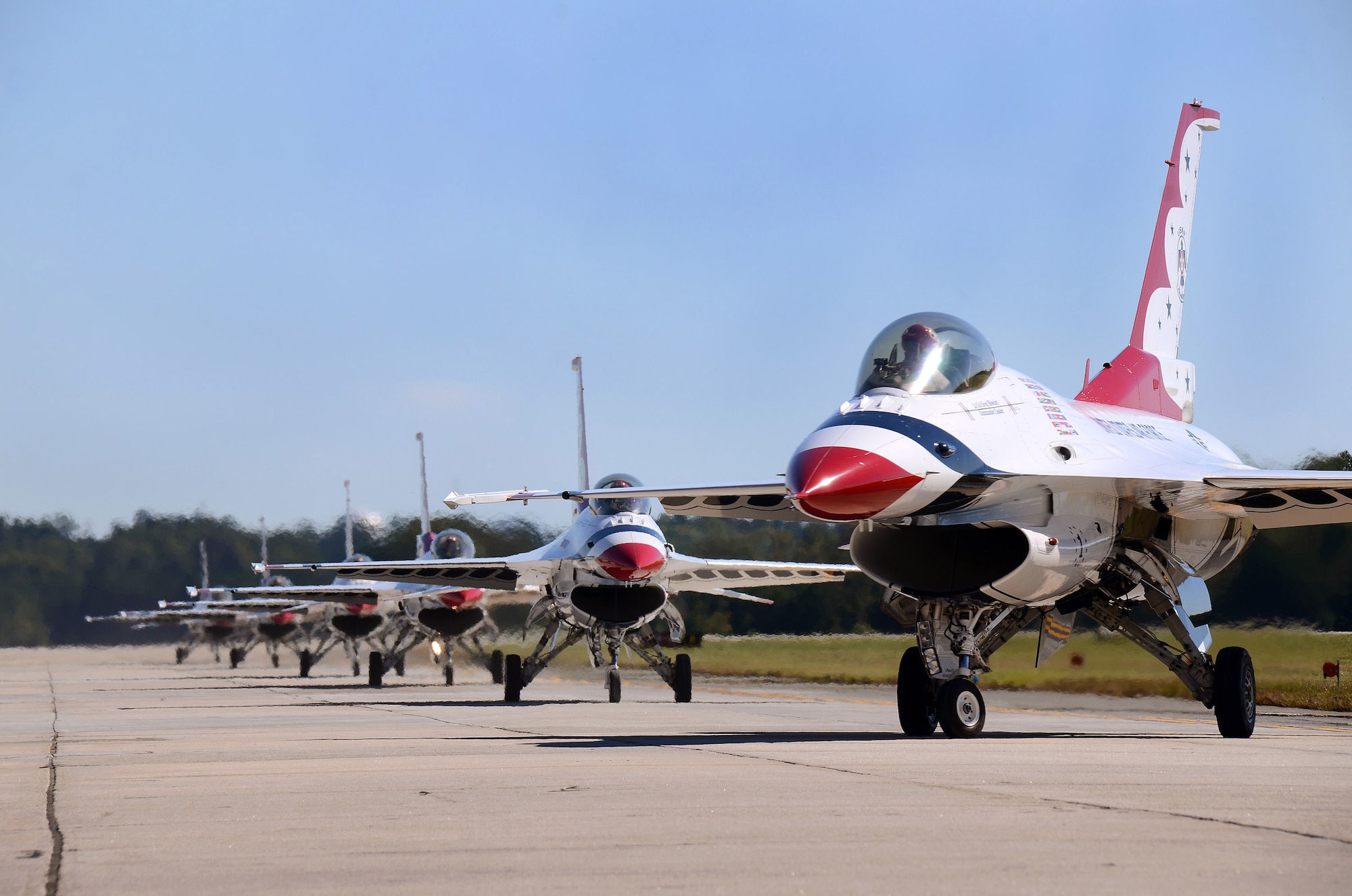 Thunderbird #1 leads the F-16C Fighting Falcons back to their parking spots at Dobbins Air Reserve Base after their practice show in Rome, Georgia, Oct., 17. The USAF Air Demonstration Squadron Thunderbirds are using Dobbins as their base of operations for their performances at the Wings Over North Georgia Air Show this weekend at the Russell Regional Airport in Rome, Georgia. (U.S. Air Force photo/ Brad Fallin)