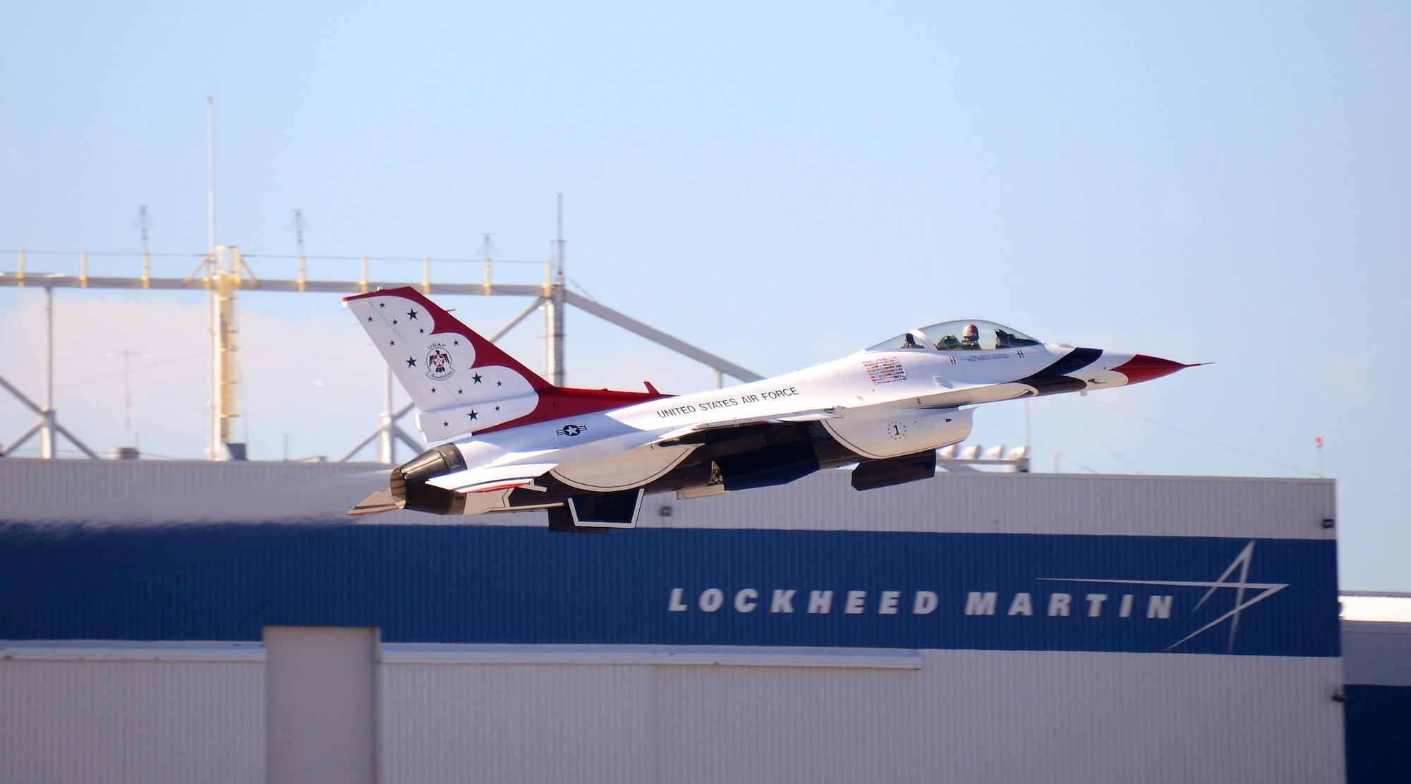 Thunderbird #1, Lt. Col. Greg Moseley gets airborne from the Dobbins Air Reserve Base runway for practice in Rome, Georgia, Oct., 17. The USAF Air Demonstration Squadron Thunderbirds are using Dobbins as their base of operations for their performances at the Wings Over North Georgia Air Show this weekend at the Russell Regional Airport in Rome, Georgia. (U.S. Air Force photo/ Brad Fallin)