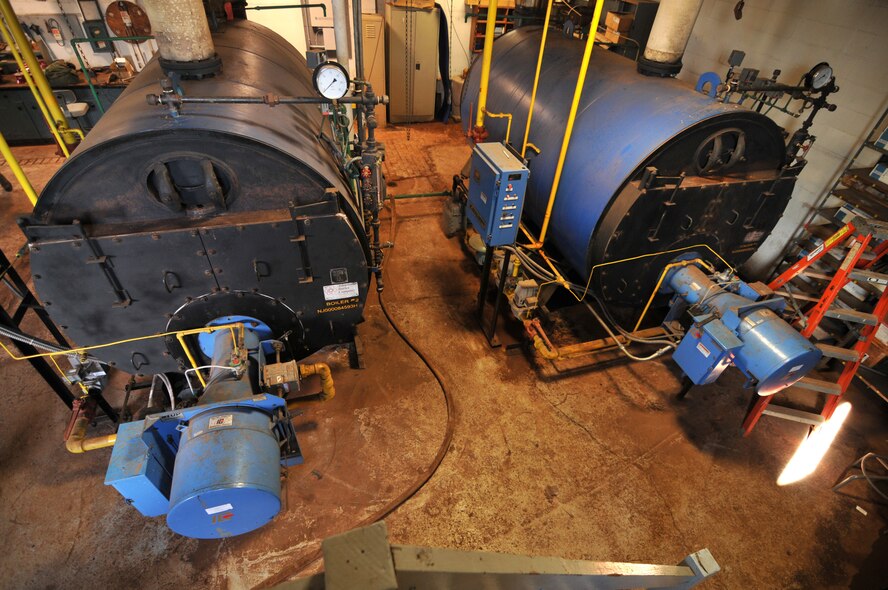 An image of two Scotch marine fire-tube boilers at the 177th Fighter Wing, New Jersey Air National Guard in Egg Harbor Township, N.J. on Oct. 16, 2014. The 1980's era boilers, which power the steam plant at the base, will be decommissioned and replaced with higher efficiency boilers with individual building controls. October is the Department of Defense Energy Awareness Month. (U.S. Air National Guard photo by Master Sgt. Andrew J. Moseley/Released)