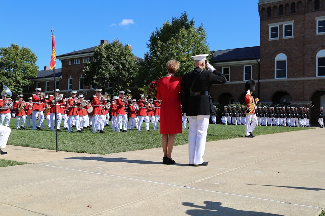 On Oct. 17, 2014, Gen. James F. Amos, the 35th Commandant of the Marine Corps, relinquished command of the Marine Corps to Gen. Joseph F. Dunford, Jr., at Marine Barracks Washington, D.C. (U.S. Marine Corps photo by Gunnery Sgt. Amanda Simmons/released.
