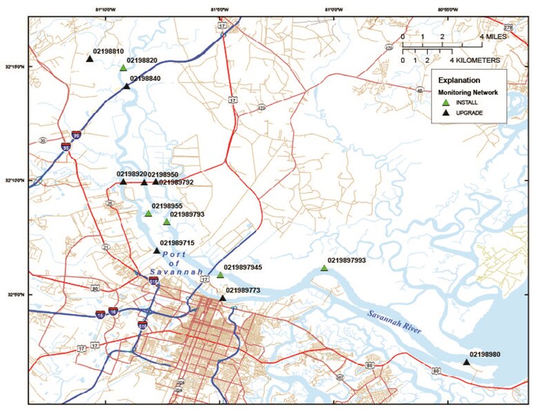 The Corps and USGS installed a monitoring network to asses water quality in strategic locations (shown here) throughout the Savannah River estuary.