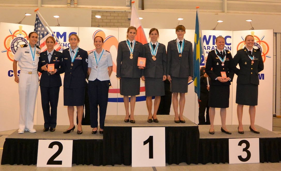 US Women on the podium taking silver in the Women's Division behind Poland, with Sweden earning bronze during the 46th CISM Marathon World Military Championship 9-14 October 2014 in Eindhoven, Netherlands.

US Team Left to Right:
LT Gina Slaby - 4th (5th overall) 2:43:57
Lt Col Brenda Schrank - 8th (13th overall) 3:02.00
SSgt Emily Shertzer - 5th (7th overall) 2:49:56
Maj Elissa Ballas - 7th (12th overall) 3:01:52
