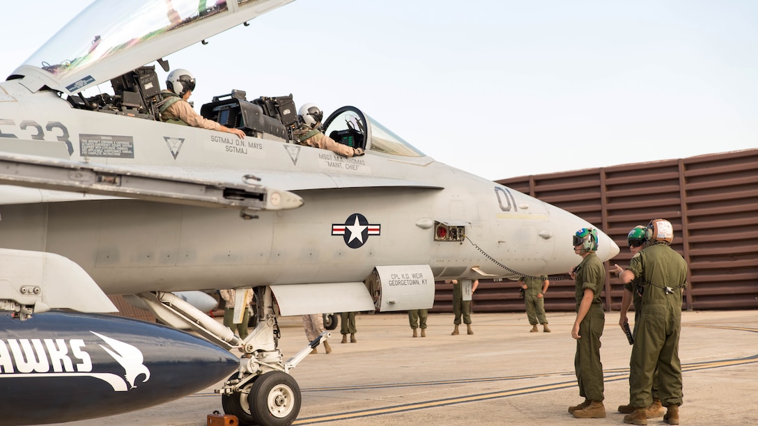 Marines with Marine All-Weather Fighter Attack Squadron 533, communicate with pilots of an F/A-18 Hornet before take-off during the Korean Marine Exchange Program 14-13, Oct. 13, 2014, on Osan Air Base, Republic of Korea. KMEP 14-13 is a multinational exercise that focuses on the integration of aviation and ground assets within the construct of a traditional Combined Arms Live Fire Exercise. Supporting units include, but are not limited to, Marine Aviation Logistics Squadron 12 and Marine Wing Support Squadron 171.