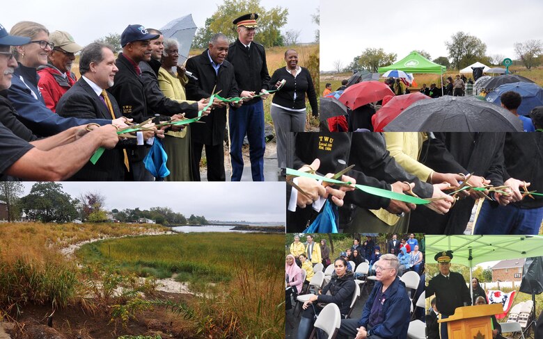 Army Corps, Local Officials and Partners cut the ceremonial ribbon at Soundview Park, celebrating the completion of the $9 million ecosystem restoration project in the Bronx.