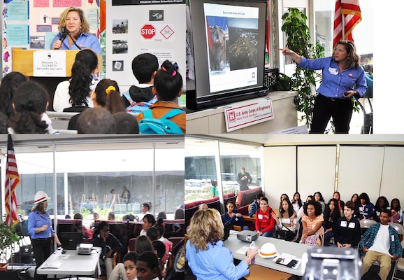 Lisa Baron, Project Manager and marine biologist with the Army Corps’ New York District speaks with students about the New York and New Jersey harbor estuary and the importance of ecosystem restoration and activities associated with the Army Corps’ restoration projects and studies.