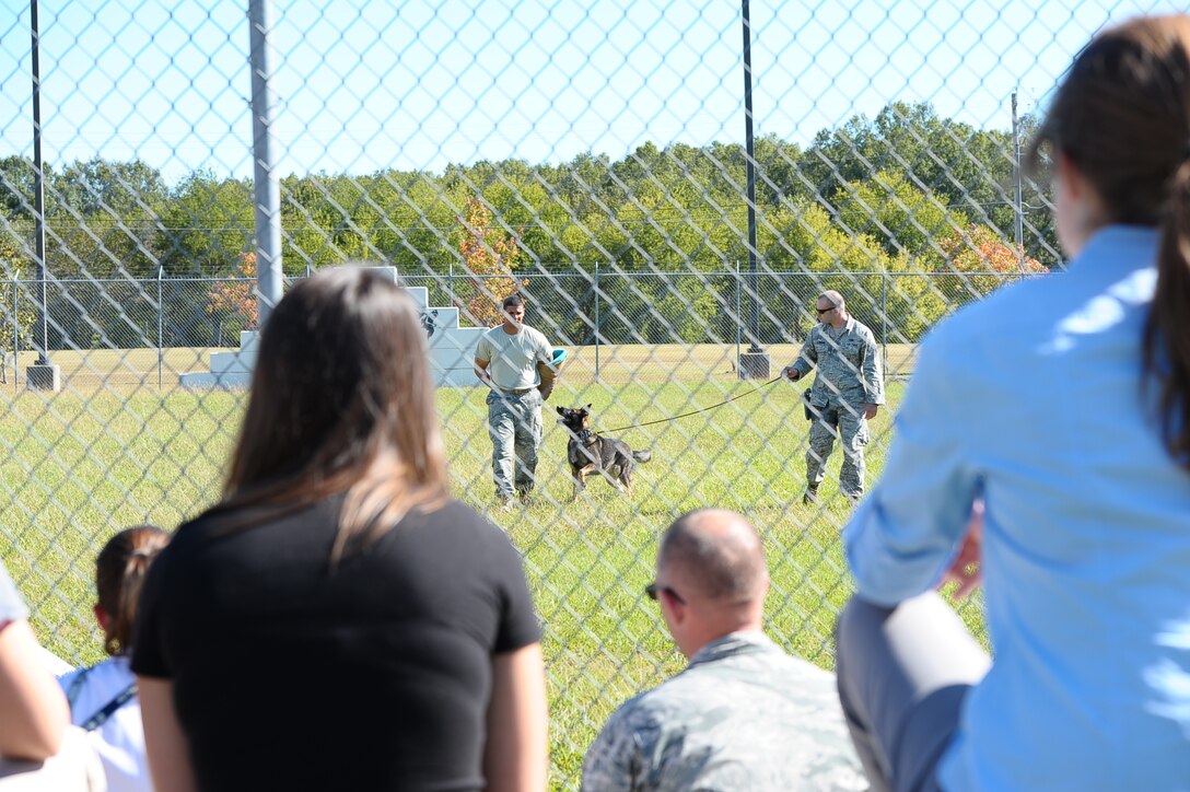 Students from the Mississippi State University’s Veterinary School Club watch as Cherry, a military working dog, and his partner, Staff Sgt. Jason Ashmore, 14th Security Forces Squadron, take down Senior Airman Michael Hitchens, 14th SFS, during a MWD demonstration Oct. 17 at the MWD kennel. The demo was part of a tour that showed MSU students how the support and training MSU has supplied both Army veterinary technicians and the Columbus AFB MWD handlers is put to use. (U.S. Air Force Photo Daniel Lile)