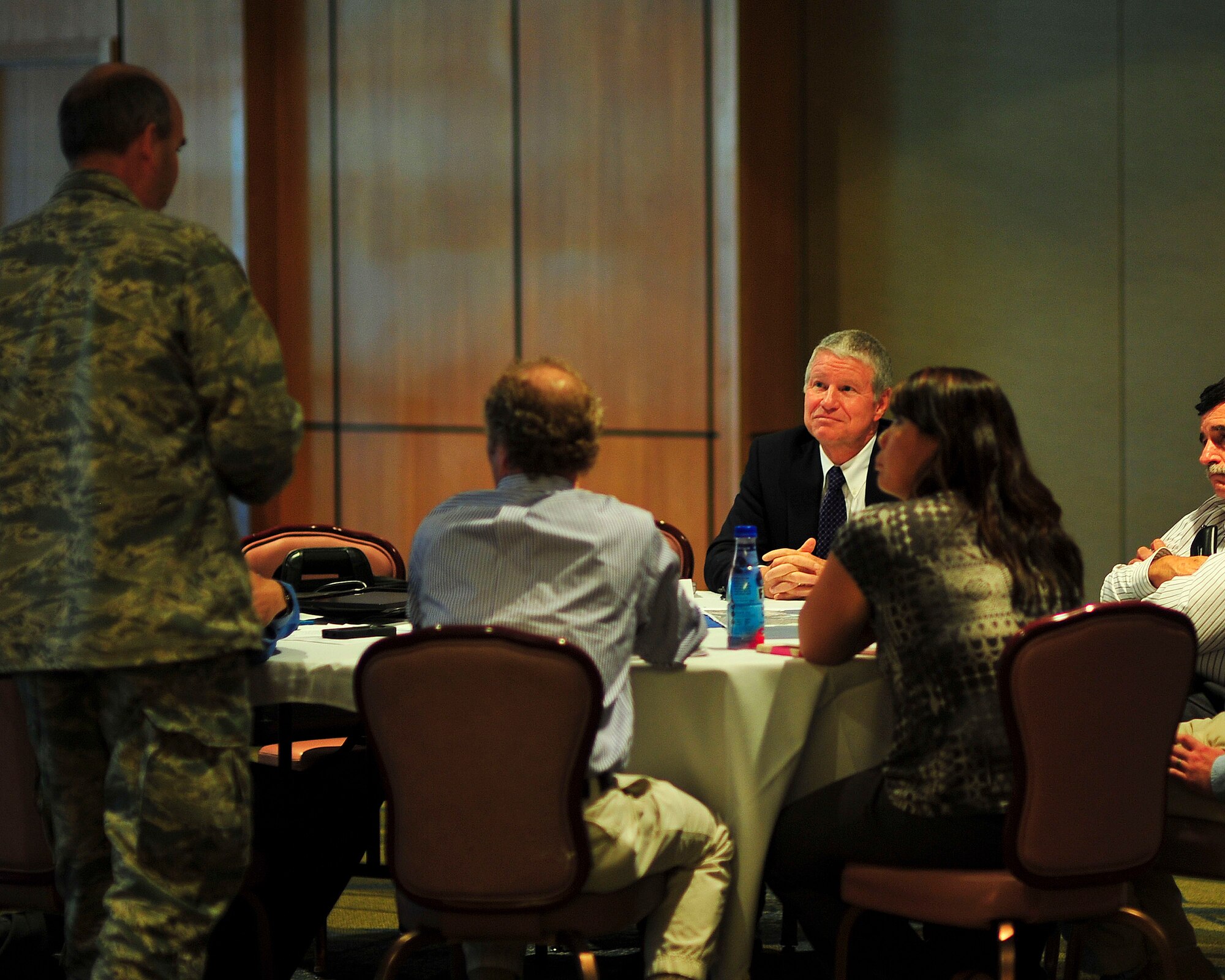 Members of Team Tyndall and the local community discuss a potential dredging project that will expand the port of Panama City Oct. 9. Tyndall would serve as a location for the dredging spoils. Tyndall’s benefit, other than being a good neighbor, is potential use of these spoils. (U.S. Air Force photo by Airman 1st Class Dustin Mullen)