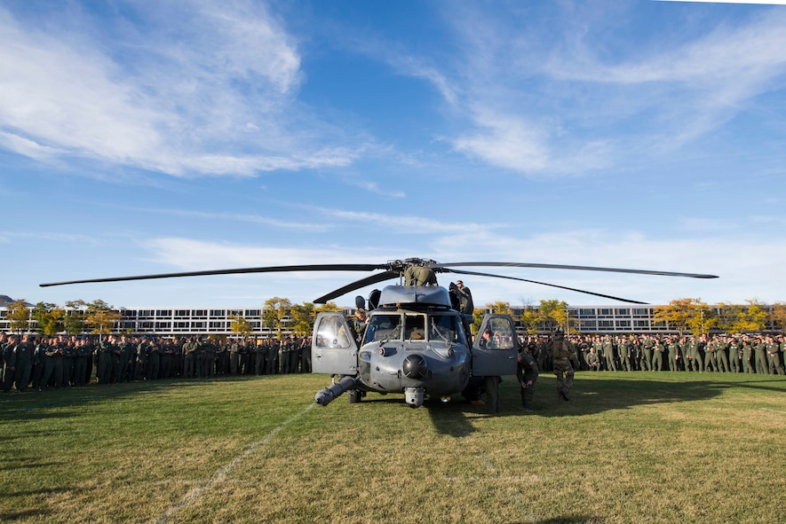 An HH-60G Pave Hawk sits on display after a Combat Search and Rescue Task Force demonstration Oct. 17, 2014, at the U.S. Air Force Academy in Colorado Springs, Colo. Once the aircraft landed, USAFA cadets had the opportunity to view the helicopter on display. (U.S. Air Force photo by Airman 1st Class Dillian Bamman/Released)