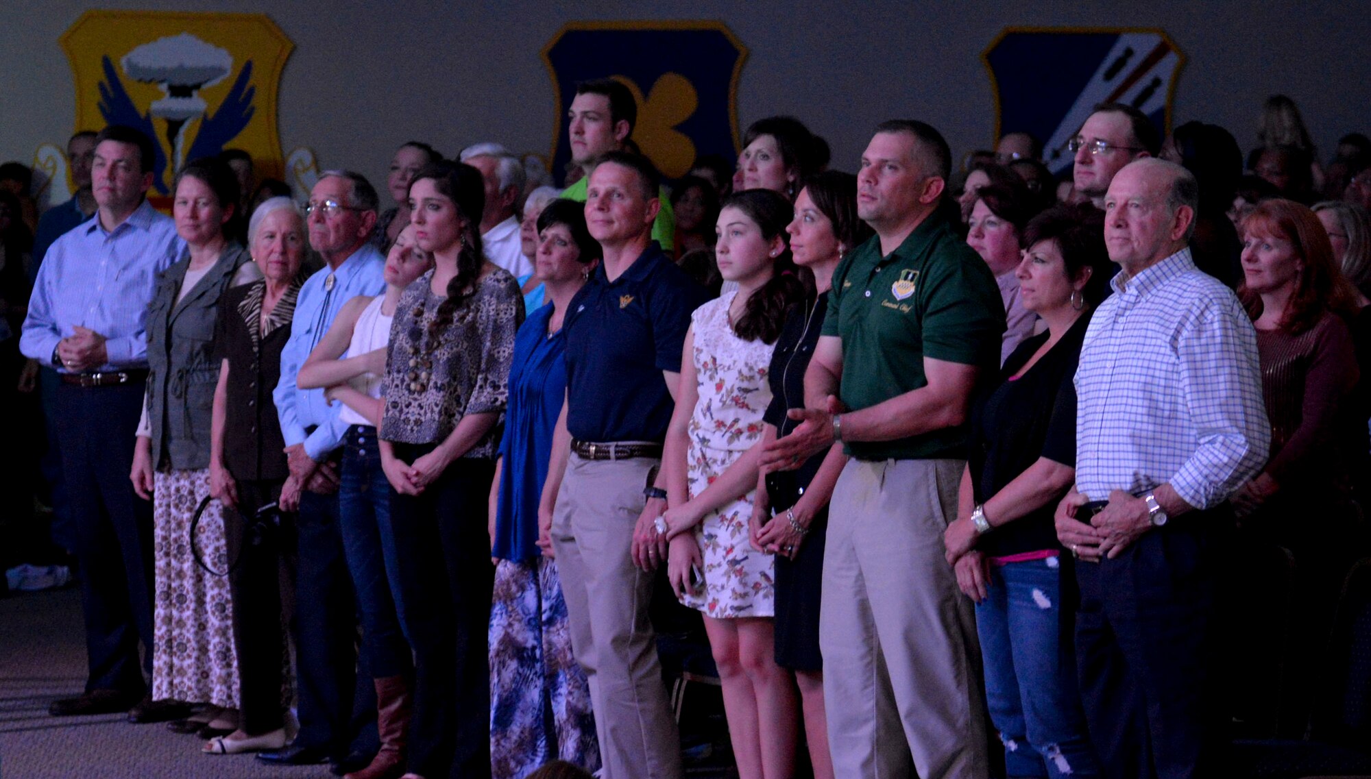 Audience members watch a performance by Air Force Tops in Blue on Barksdale Air Force Base, La., Oct. 16, 2014. More than 500 team Barksdale members came to Hoban Hall to watch the performance. (U.S. Air Force Photo/Airman 1st Class Mozer O. Da Cunha)