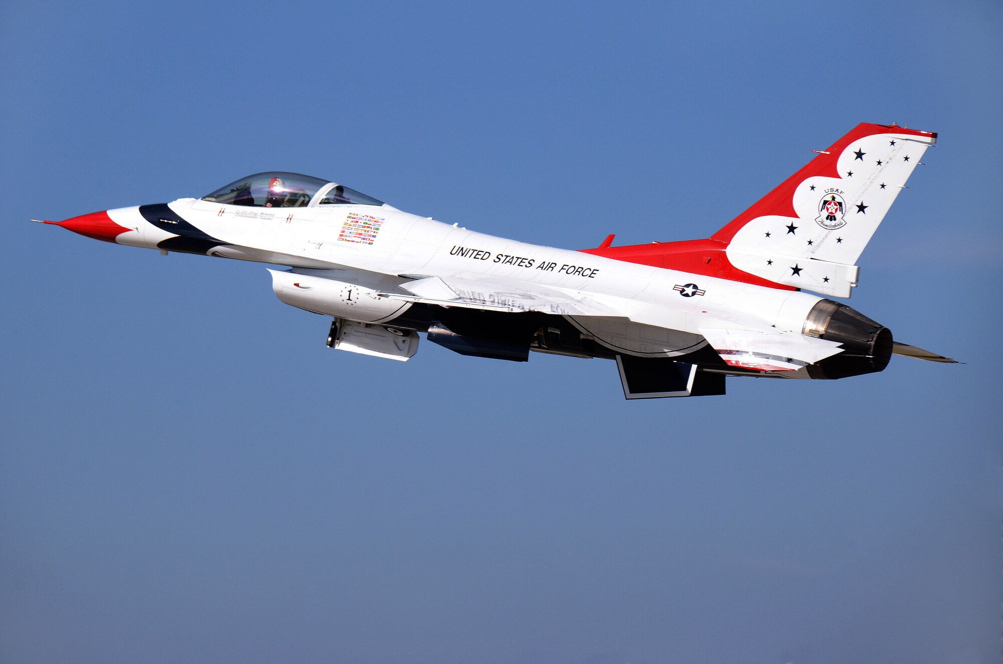 Thunderbird #1, Lt. Col. Greg Moseley, departs Dobbins Air Reserve Base for the Wings Over North Georgia air show Oct. 18, 2014. The USAF Air Demonstration Squadron Thunderbirds are using Dobbins as their base of operations for their performances at the air show this weekend at the Russell Regional Airport in Rome, Georgia. (U.S. Air Force photo/ Brad Fallin/Released)
