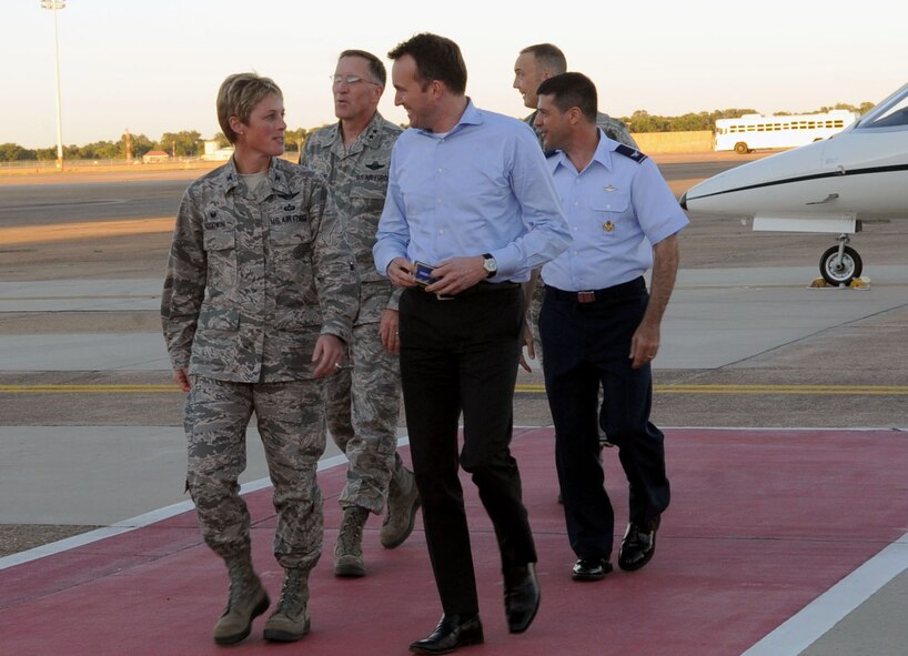 Col. Kristin Goodwin, 2nd Bomb Wing commander, walks with Eric Fanning, Under Secretary of the Air Force, at Barksdale Air Force Base, La., Oct. 14, 2014. During his visit, Fanning explored the history of the base, received a flight brief on the B-52H Stratofortress mission and participated in a training flight in the aircraft to better understand its capabilities. (U.S. Air Force photo/Senior Airman Kristin High)