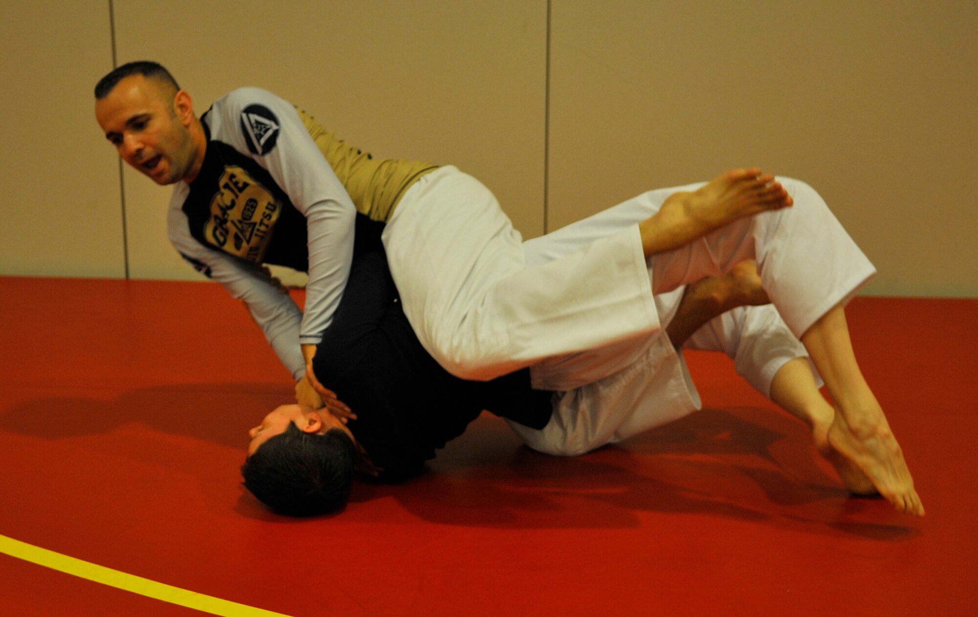 Master Sgt. Mark Tilsher, 435th Air Ground Operations Wing NCO in charge of wing plans and programs, and Alexandra Pemberton, Kaiserslautern Gracie Defense Systems instructor, demonstrate how to get out of a chokehold on Oct. 17, 2014 at Ramstein Air Base, Germany. The instructors taught a self-defense course during the Kaiserslautern Military Community Fair. (U.S. Air Force photo/Airman Larissa Greatwood)