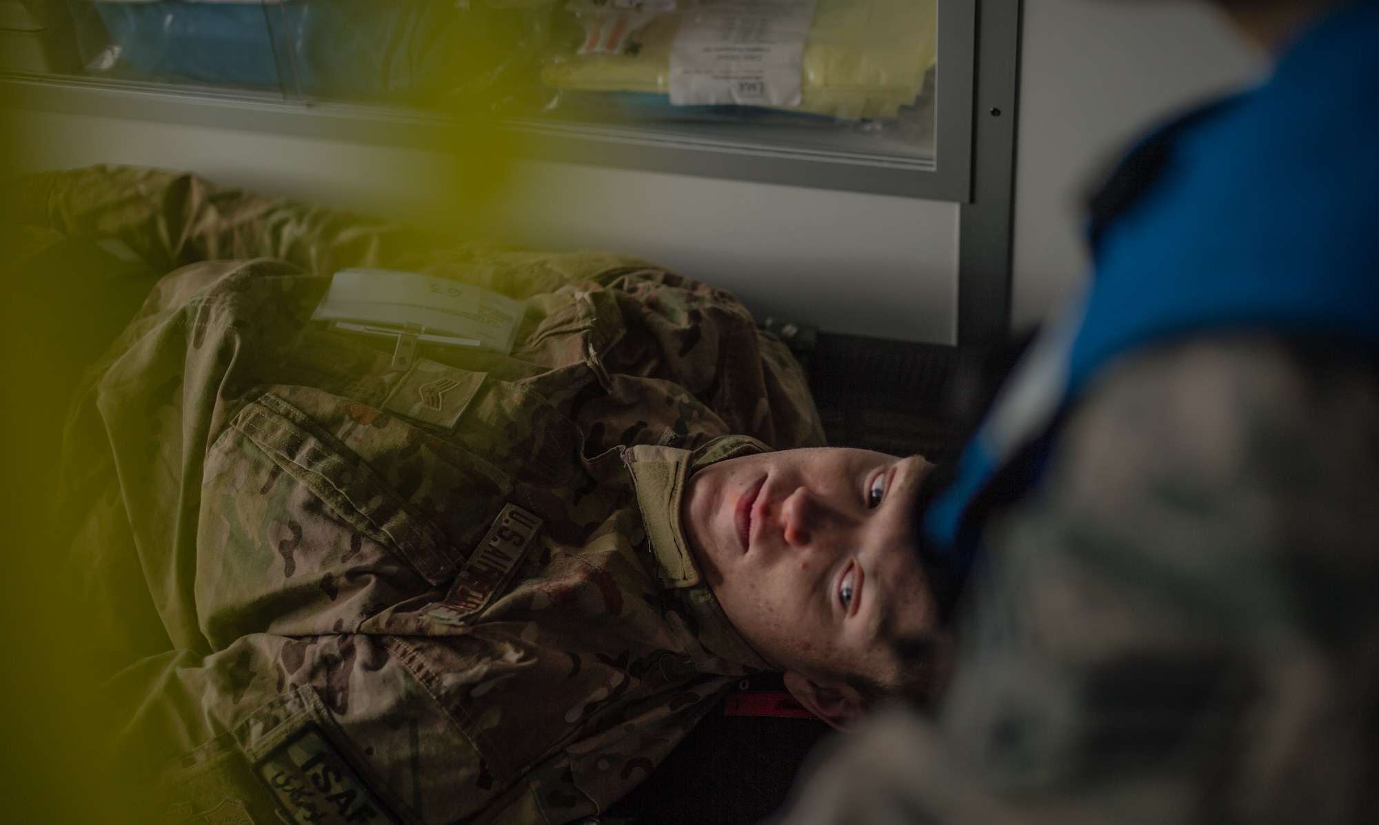 Airman 1st Class Tyler McCastin, 786th Civil Engineer Squadron structures technician, is prepared for a simulated medical evacuation as part of a major accident response exercise on Ramstein Air Base, Germany, Oct. 18, 2014. Members of the Air Force and host nation agencies partnered in conducting a response and recovery in preparation for possible real-world incidents. (U.S. Air Force photo/Airman 1st Class Jordan Castelan)