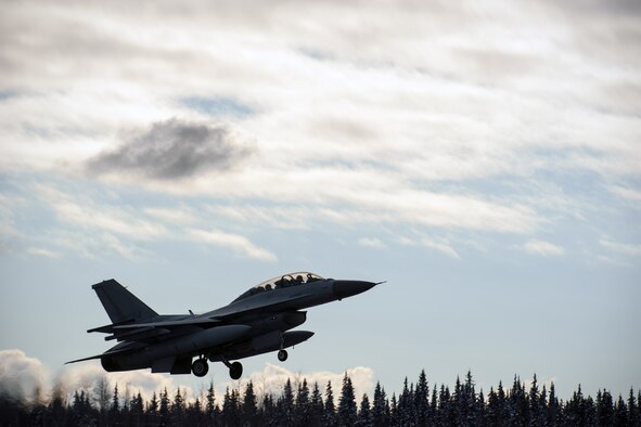 A South Korean air force KF-16 Fighting Falcon takes off during Red Flag-Alaska 15-1 Oct. 9, 2014, at Eielson Air Force Base, Alaska. This exercise marks the first time South Korea's air force KF-16s have participated in Red Flag-Alaska. (U.S. Air Force photo/Senior Airman Taylor Curry)