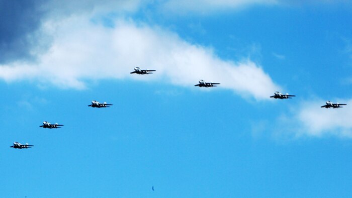 Seven EA-6B Prowlers fly in a vee formation over Marine Corps Air Station Cherry Point, N.C., Oct. 16, 2014. The flight was the first in Marine Corps aviation history to have seven Prowlers from the same squadron fly together in formation. The Marines of Marine Tactical Electronic Warfare Training Squadron 1 conducted the fly-bys in celebration of recently being named the recipient of the 2014 Association of Old Crows Marine Corps outstanding unit award.