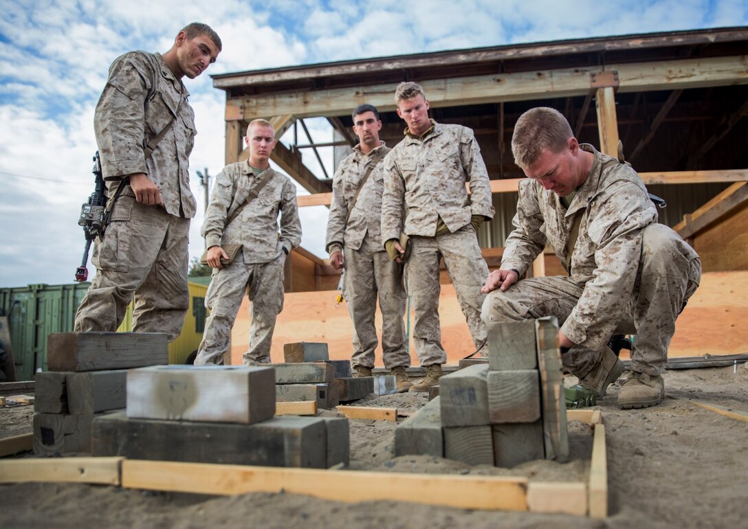 U.S. Marines with Battalion Landing Team, 3rd Battalion, 1st Marine Regiment, 15th Marine Expeditionary Unit, use a terrain model to go over a scheme of maneuver during a helicopter-raid exercise aboard Camp Pendleton, Calif., Oct. 16, 2014. BLT 3/1 is scheduled to deploy as the 15th MEU’s ground combat element next spring. (U.S. Marine Corps photo by Sgt. Emmanuel Ramos/Released)