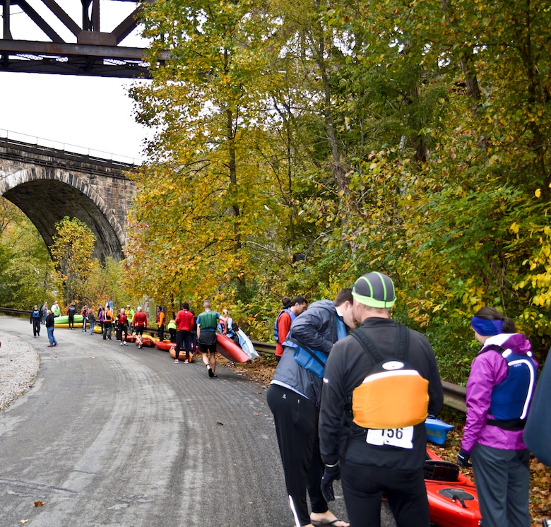 Two Pittsburgh District employees participated in the 2nd annual West Penn Trail Triathlon Oct. 11, portions of which were held on Conemaugh Dam property.