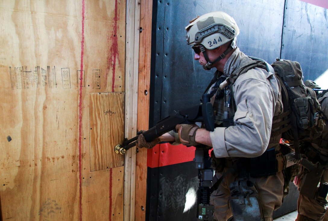 U.S. Marine Sgt. Jeffrey Marstaeller clears a room during a close-quarters tactics course aboard Camp Pendleton, Calif., Oct. 15, 2014. Marstaeller is a point man with Force Reconnaissance Detachment, 15th Marine Expeditionary Unit, which is scheduled to deploy next spring. (U.S. Marine photo by Cpl. Steve H. Lopez/Released)