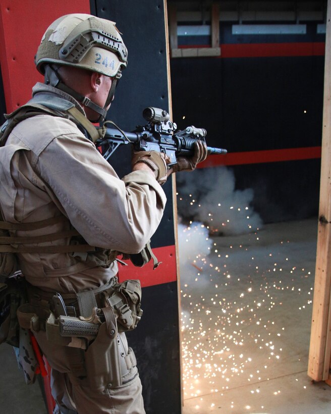 U.S. Marine Sgt. Jeffrua Marstaeller clears a room during a close-quarters tactics course aboard Camp Pendleton, Calif., Oct. 15, 2014. Marstaeller is a point man with Force Reconnaissance Detachment, 15th Marine Expeditionary Unit, which is scheduled to deploy next spring. (U.S. Marine photo by Cpl. Steve H. Lopez/Released)