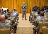 Chief Master Sgt. Michael J. Warner, Air Force Materiel Command command chief, speaks to enlisted Airmen at Club Muroc Oct. 15. Warner held two enlisted calls speaking to junior Airmen in one session and NCOs in a second. (U.S. Air Force photo by Christian Turner) 
