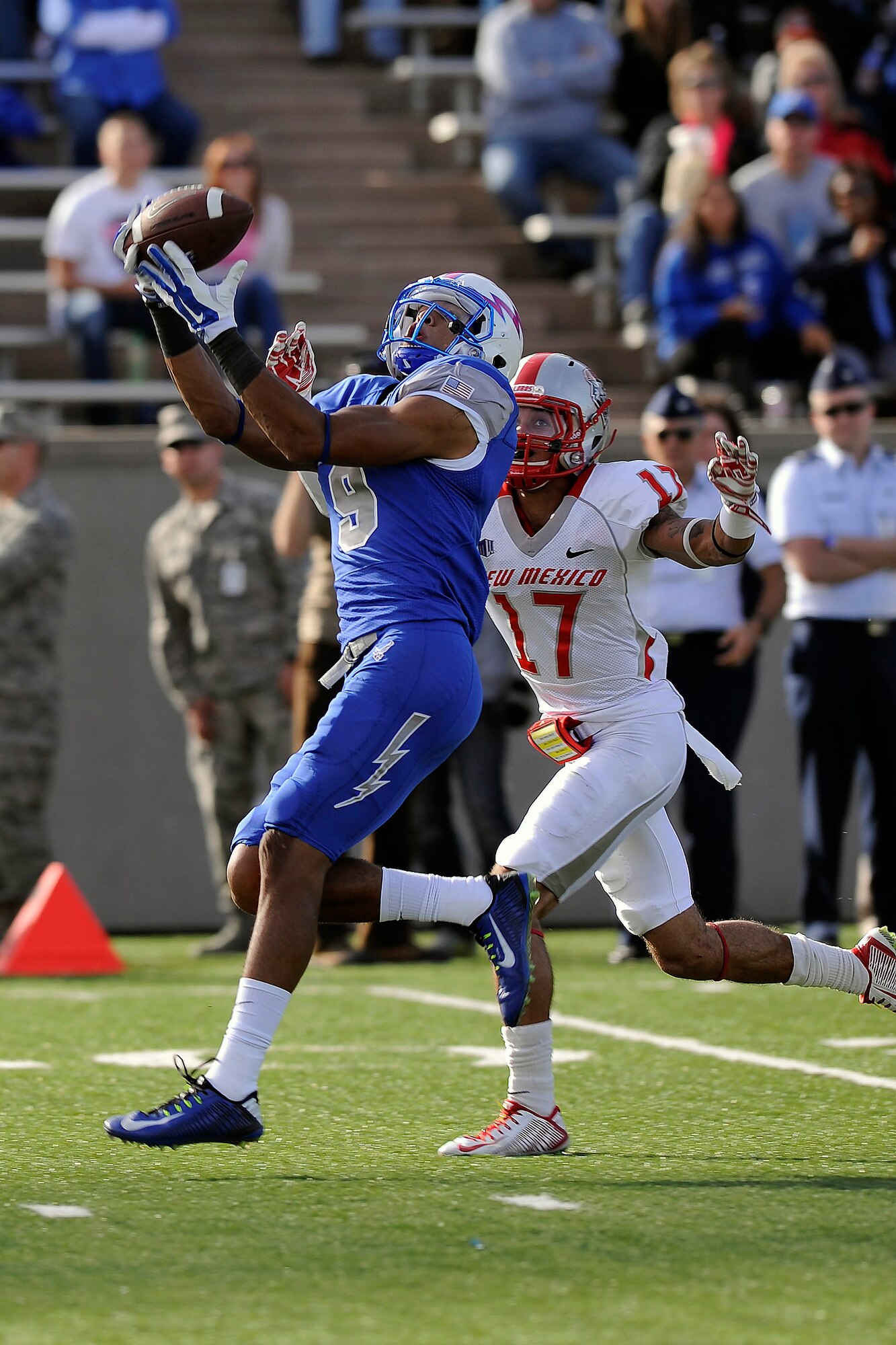 U.S. Air Force Academy wide receiver Jalen Robinette makes the game winning catch against New Mexico defensive back Jason Boatright during the  Oct.18 contest here between the Falcons and the University of New Mexico Lobos. The Falcons defeated the Lobos 35 to 31. (U.S. Air Force/Photo Bill Evans)