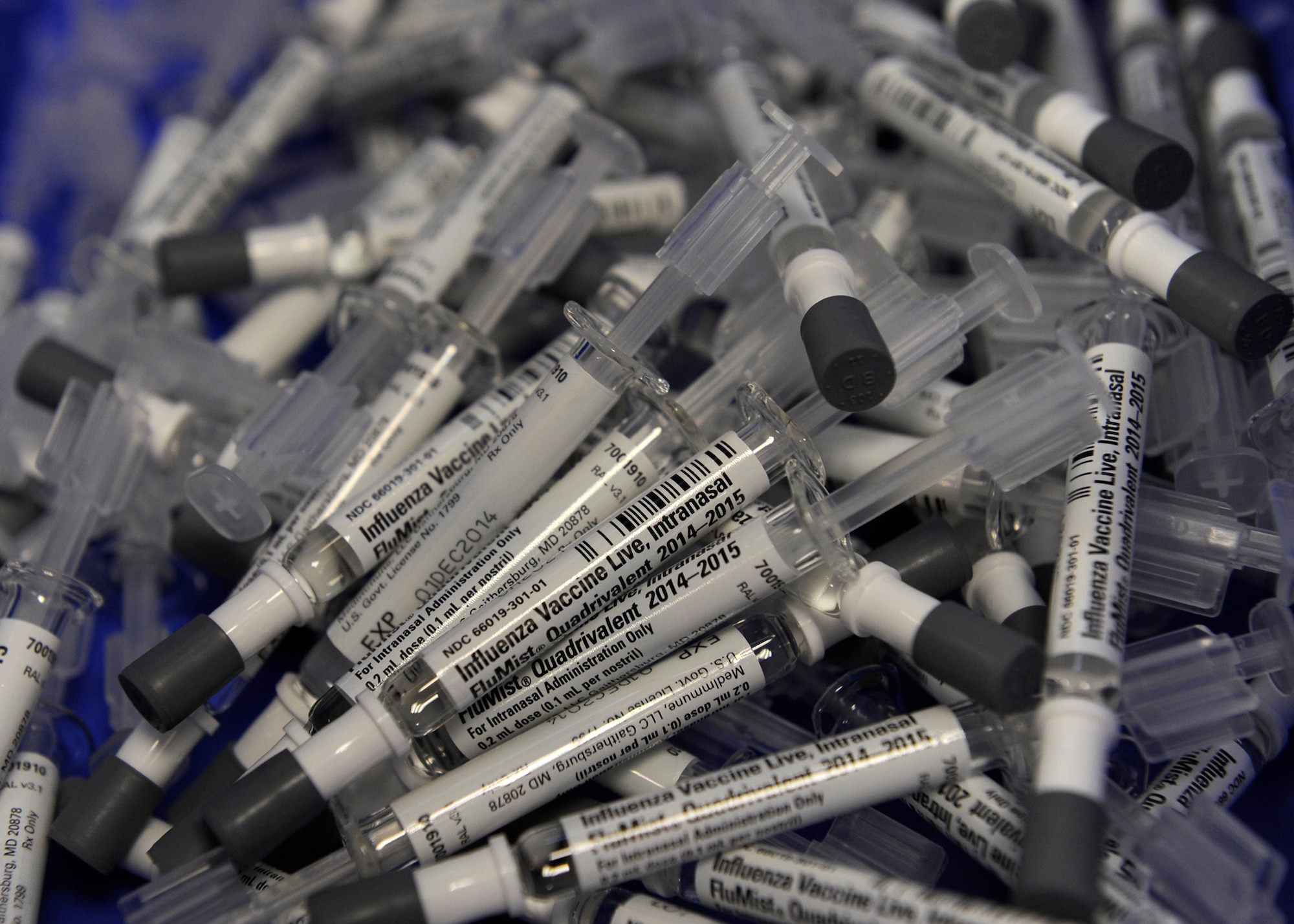 PETERSON AIR FORCE BASE, Colo. – Vials of FluMist sit in a bin ready for patients needing the influenza vaccine at the Peterson AFB immunization clinic Oct. 15. Airmen and their families can get either the mist or the shot to help protect them from getting the flu this season. (U.S. Air Force photo/Airman 1st Class Rose Gudex) 