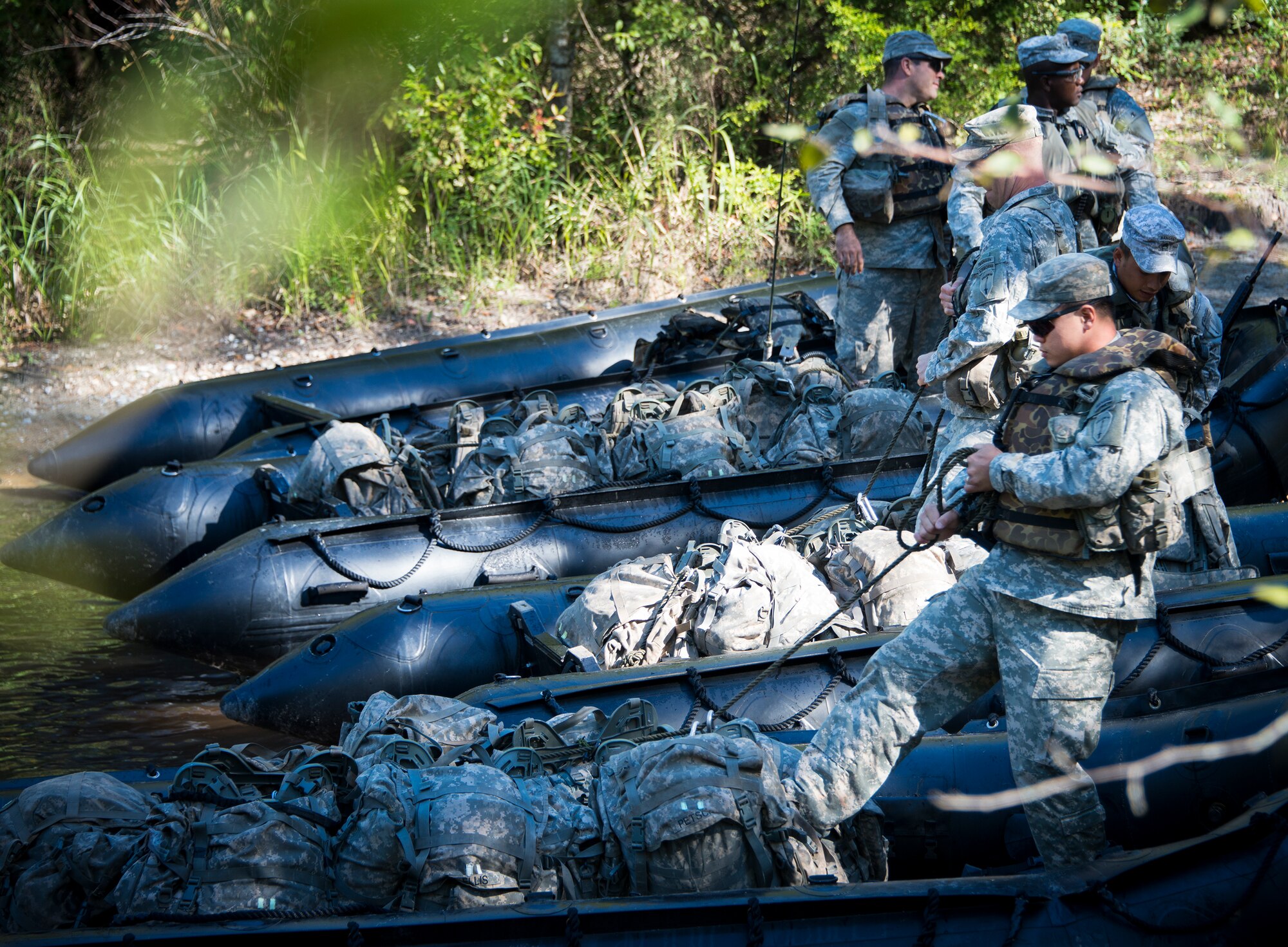 Rangers secure their gear to zodiac boats prior to the 6th Ranger Training Battalion’s annual major accident response exercise Oct. 16 at Eglin Air Force Base, Fla.  Medics and first responders from the 6th RTB, 96th Test Wing and the local area responded to boating and down aircraft scenarios deep within the Eglin range.  (U.S. Air Force photo/Tech. Sgt. Jasmin Taylor)