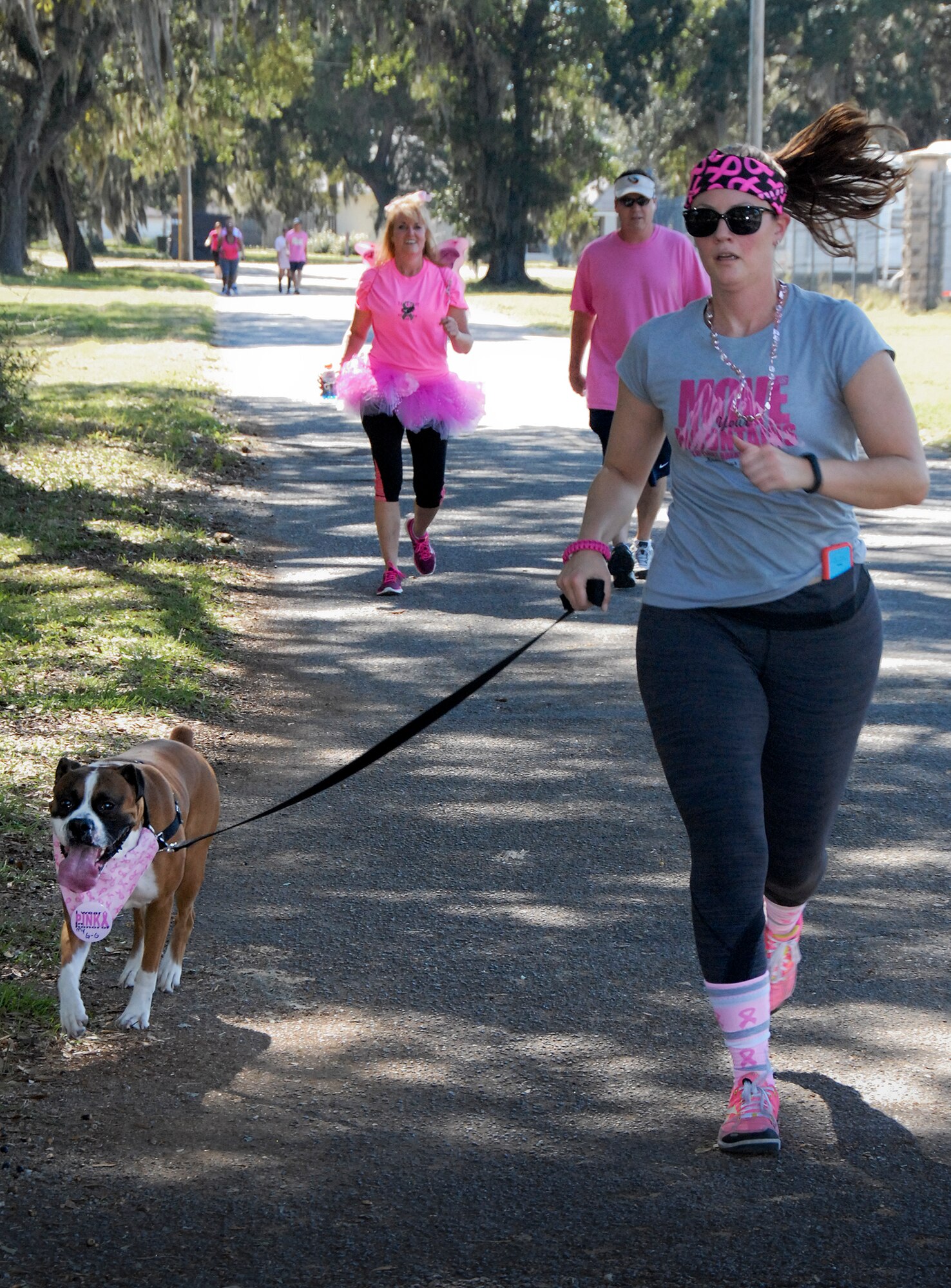 A runner and her dog set a lively pace during the 7th Annual Breast Cancer Awareness 5k run Oct. 17 at Eglin Air Force Base, Fla.  Civilian Health Promotion Services was also on hand providing information on breast cancer risk factors, symptoms and screenings.  The event was held to promote breast cancer awareness and the importance of self-examination to catch the disease in its early stages.  (U.S. Air Force photo/Kevin Gaddie)