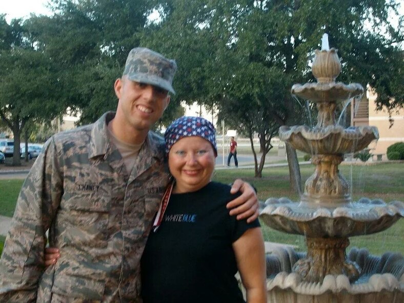 U.S. Air Force Airman 1st Class Joseph Chaney, 23d Force Support Squadron personnelist and his mother, Lauren Banks, pose for a photo in front of the Lackland Inn at Joint Base San Antonio-Lackland, Texas. Lauren attended Chaney’s graduation from basic military training despite her battle against breast cancer. (Courtesy Photo)