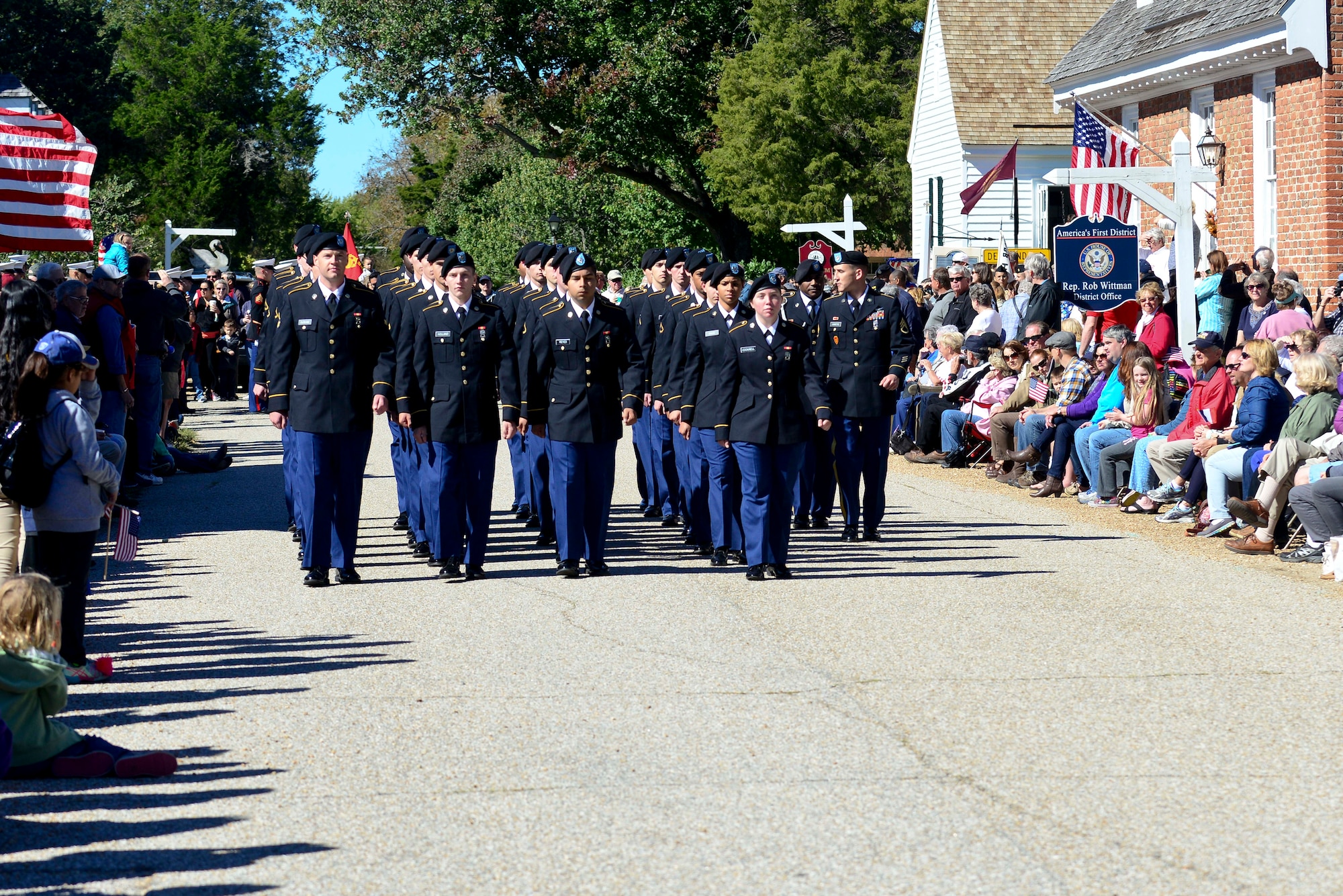 U.S. Army Soldiers from Joint Base Langley-Eustis, Va., march in the annual Yorktown Day parade, in Yorktown, Va., Oct. 19, 2014. The event marks the Battle of Yorktown, which occurred on Oct. 19, 1781.(U.S. Air Force photo by Airman 1st Class Kimberly Nagle/ Released)
