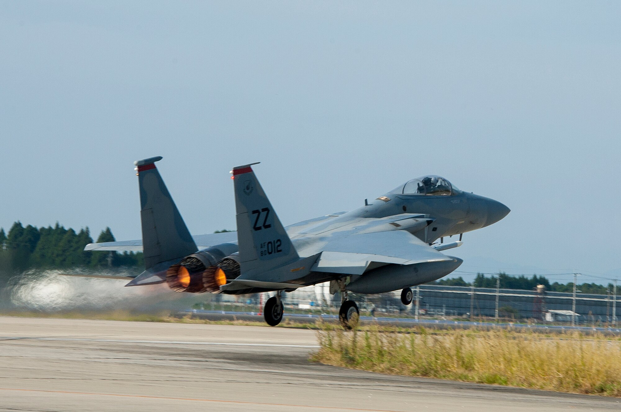 An F-15 Eagle from Kadena Air Base, Japan, ascends into the sky during an Aviation Training Relocation Program on Nyutabaru Air Base, Japan, Oct. 20, 2014. This was the first time in five years the U.S. Air Force has conducted an ATR with the Japan Air Self-Defense Force's 5th Air Wing and 8th Air Wing. (U.S. Air Force photo by Senior Airman Marcus Morris/Released)