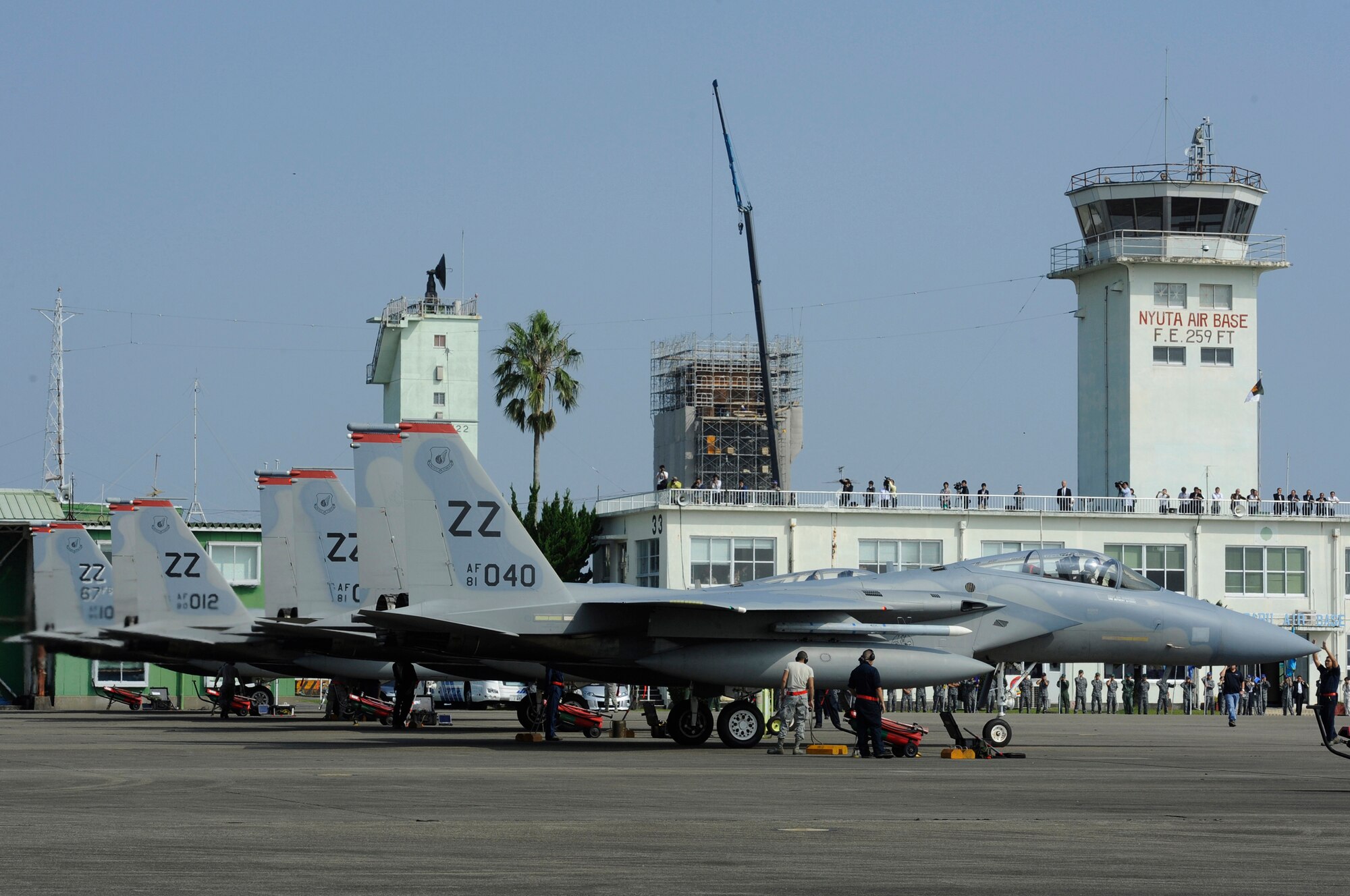 U.S. Air Force F-15 Eagles arrive on Nyutabaru Air Base, Japan, Oct. 18, 2014. Twelve F-15s arrived from Kadena Air Base, Japan, to participate in a two week-long Aviation Training Relocation Program hosted by the Japanese Air Self-Defense Force 5th Wing. The program emphasizes interoperability training between U.S. and Japanese forces, while promoting operational readiness. (U.S. Air Force photo by Senior Airman Marcus Morris/Released)