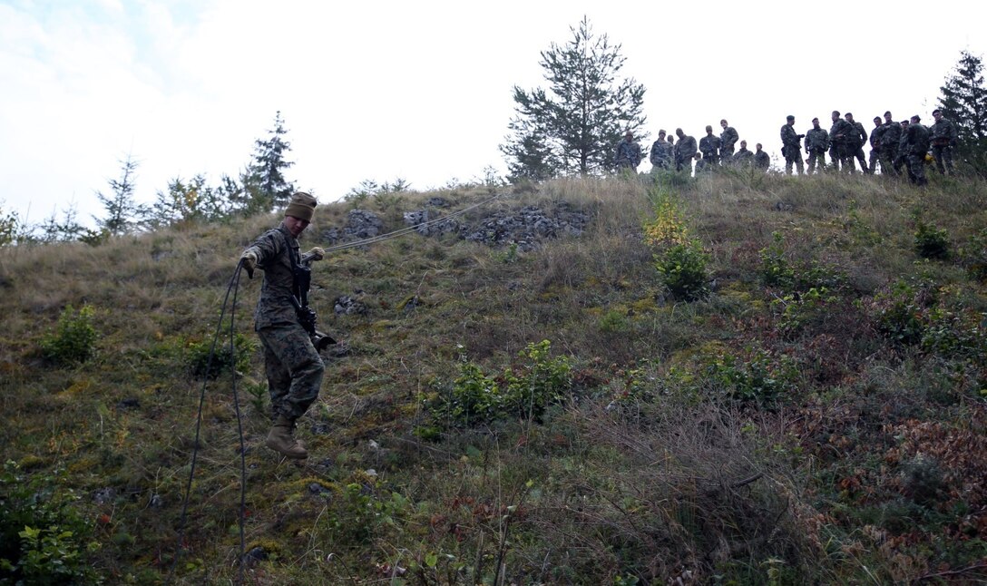 U.S. Marines and sailors from Black sea Rotational Force 14 participated in Platinum Lynx 14.6 in the Carpathian Mountains from Sept. 29 to Oct. 3 in Miercurea Ciuc, Romania. Knowledge and understanding of skills and tactics in mountain regions was shared between the Marines and Romanian Land Forces to help sustain readiness in any location. Service members trained with the 61st Mountain Troops Brigade from the Romanian Land Forces in rappelling, rock climbing, a live-fire range and survival skills. The exercise concluded with a 15-kilometer troop movement in high-elevation terrain. (U.S. Marine Corps photo by Lance Cpl. Ryan Young/released)
