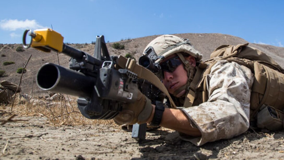 U.S. Marine Lance Cpl. Matthew A. Dailey provides security during a helicopter-raid exercise aboard Camp Pendleton, Calif., Oct. 16, 2014. Dailey is a team leader with Kilo Company, Battalion Landing Team, 3rd Battalion, 1st Marine Regiment, 15th Marine Expeditionary Unit. BLT 3/1 is scheduled to deploy as the 15th MEU’s ground combat element next spring. (U.S. Marine Corps photo by Sgt. Emmanuel Ramos/Released)