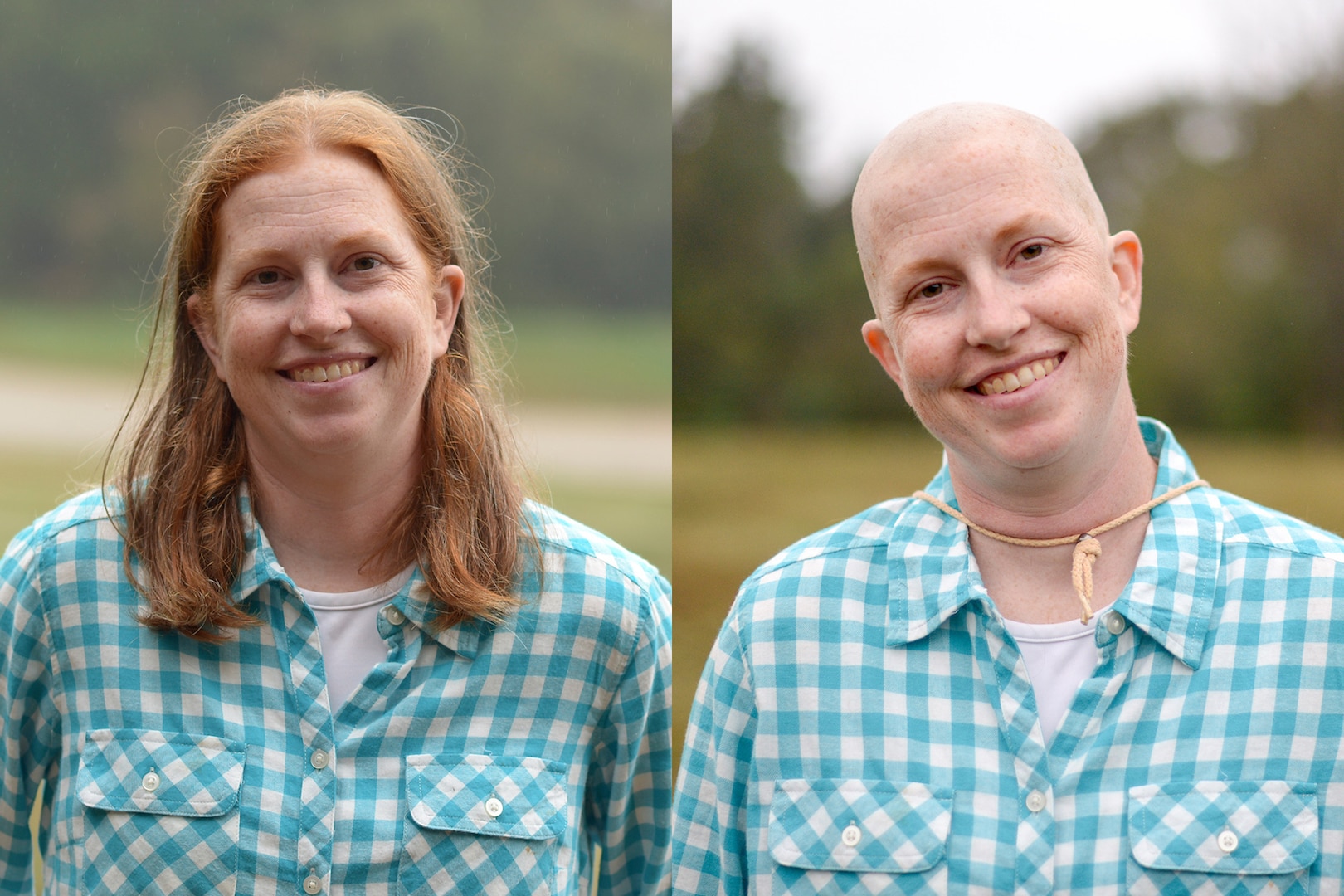 North Carolina National Guard Maj. Melissa Culbreth before and after she shaved her head during a party at Serenity Grace Farm on Oct. 12, 2014. Culbreth, who is the chaplain for the 449th Theater Aviation Brigade, recently started chemotherapy after being diagnosed with breast cancer for a third time and said she wanted to take her hair on her own terms before she lost it as a side effect of the chemo. 