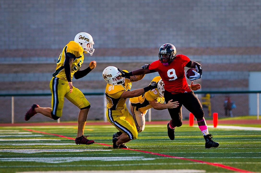 The Miramar Falcons secured their spot in the semi-finals with a dominant 30-0 win over the 3rd Amphibious Assault Vehicle Battalion during the opening game here, Oct. 21.