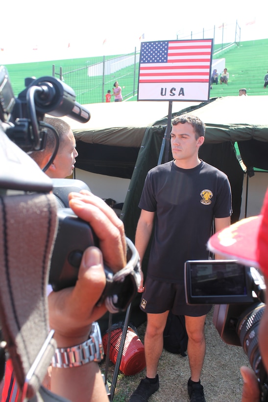 Army Sgt Daniel Osorio being interviewed during the 38th Conseil International du Sport Militaire (CISM) in Solo, Indonesia 17-28 September