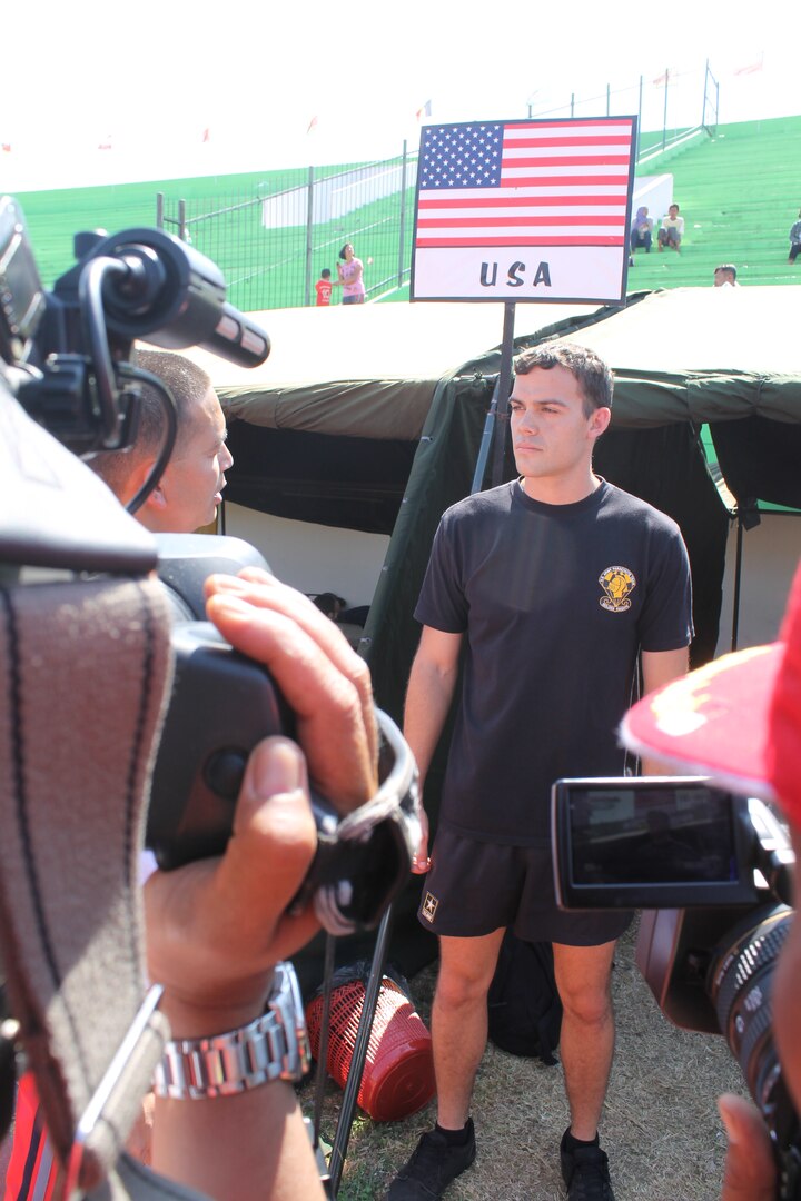 Army Sgt Daniel Osorio being interviewed during the 38th Conseil International du Sport Militaire (CISM) in Solo, Indonesia 17-28 September