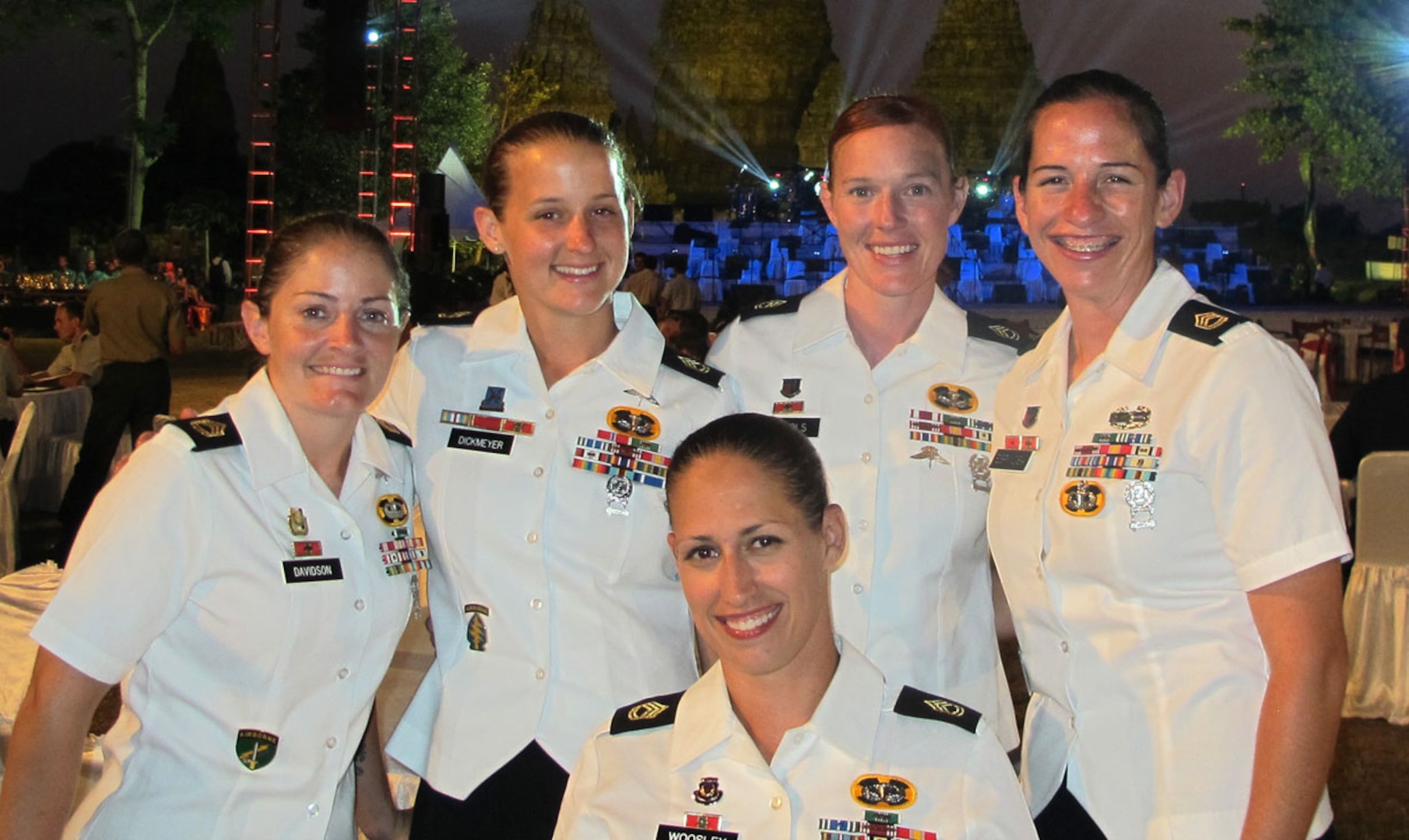 US Women Armed Forces Parachuting Team at Prambanan Temple (site for the closing banquet). SFC Jennifer Davidson, SFC Laura Dickmeyer, SFC Angela Nichols, SFC Jennifer Espinosa, SFC Dannielle Woosley (in front)