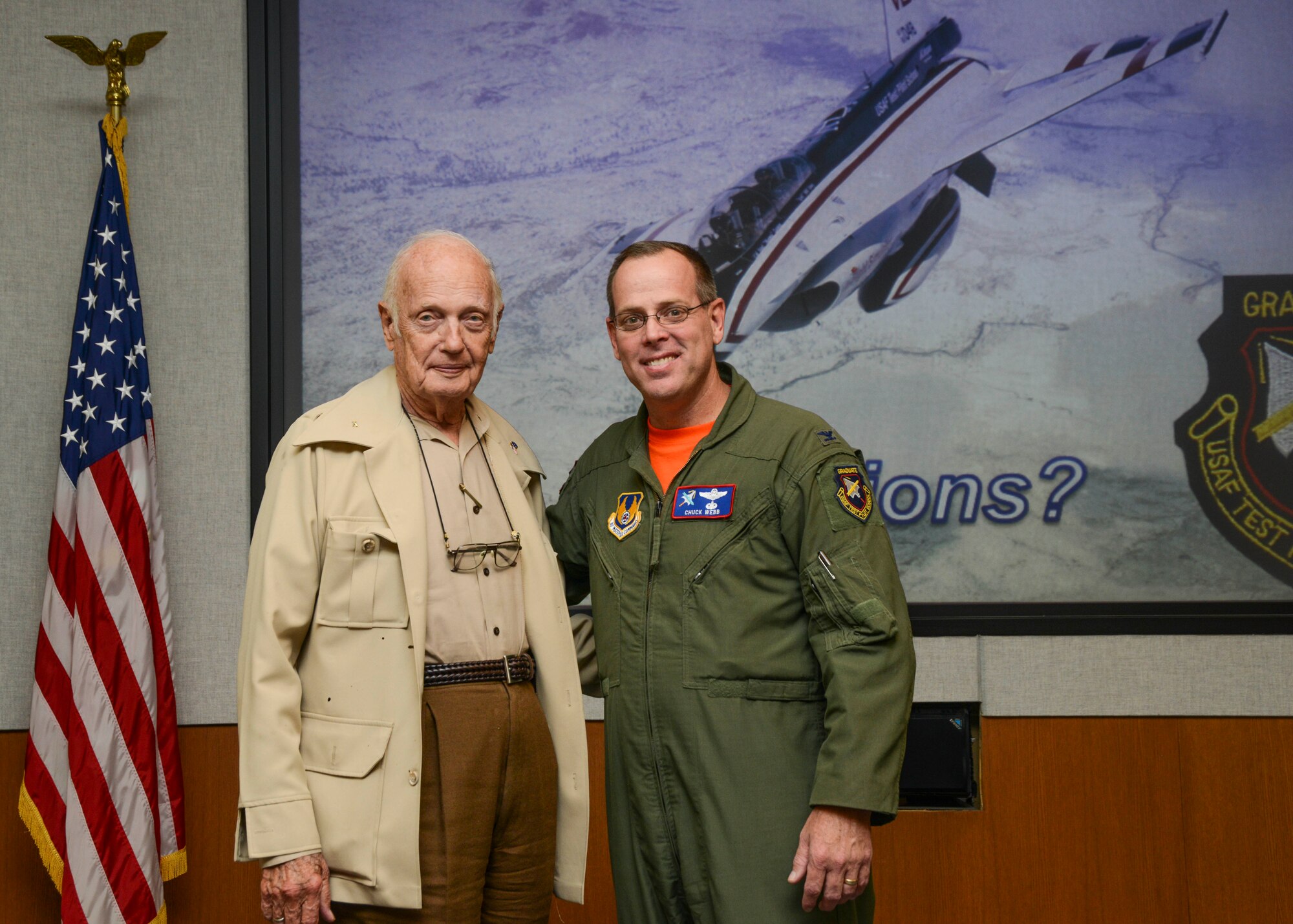 Col. (Ret.) Eugene Deatrick, former USAF Test Pilot School commandant, is shown with current commandant Col. Charles Webb Jr. (U.S. Air Force photo by Rebecca Amber)