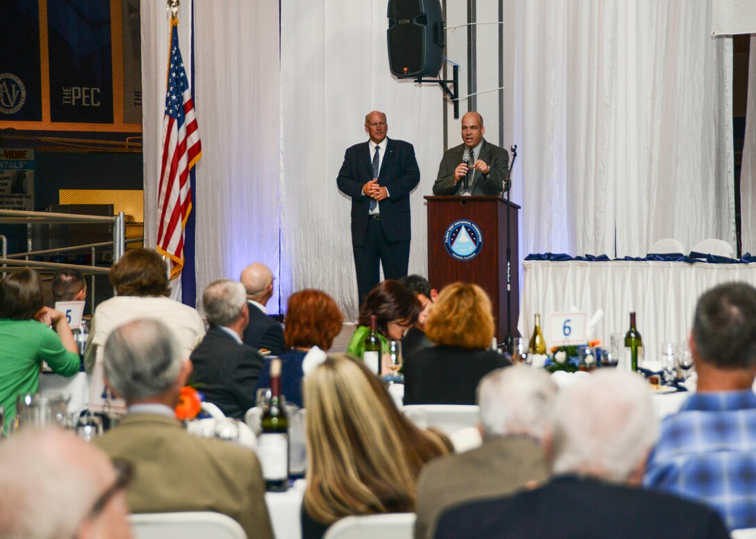 Brig. Gen. Michael Brewer, 412th Test Wing commander, offered the closing remarks for the event, reminding the audience that the fundraiser is about preparing for the future. (U.S. Air Force photo by Rebecca Amber)
