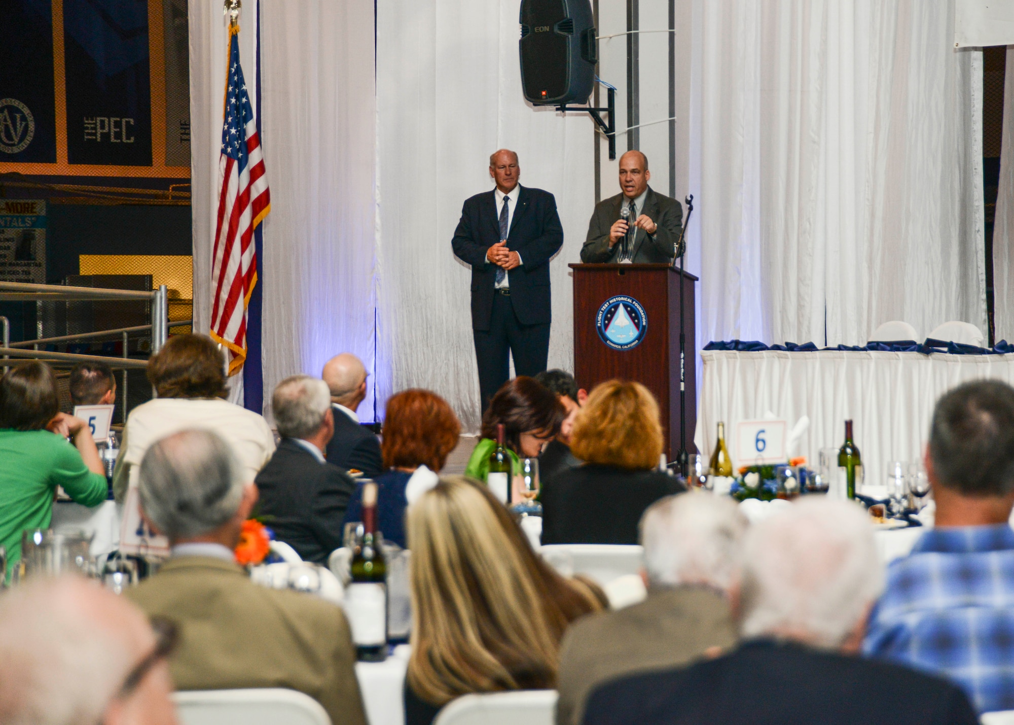 Brig. Gen. Michael Brewer, 412th Test Wing commander, offered the closing remarks for the event, reminding the audience that the fundraiser is about preparing for the future. (U.S. Air Force photo by Rebecca Amber)