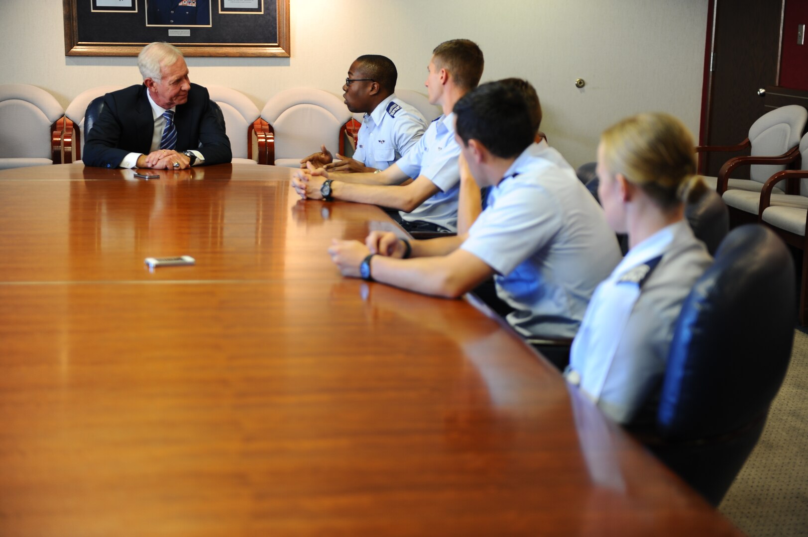 Chelsey "Sully" Sullenberger, who saved 155 lives on Flight 1549 after a heroic emergency landing on the Hudson River in 2009, visits with cadets here Oct. 20, 2014. (U.S. Air Force photo/Amber Baillie)
