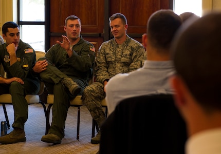 Capt. Jerry Coscarelli, 16th Airlift Squadron pilot, speaks with cadets from from Air Force Detachment 765 at The Citadel in Charleston, S.C., at the Charleston Club on Joint Base Charleston, S.C. The cadets were given the opportunity to listen to JB Charleston company grade officers during a mentorship conference where the cadets learned  about the different jobs and careers available to them, and also the demands expectated from future second lieutenents.  (U.S. Air Force photo/Airman 1st Class Clayton Cupit)