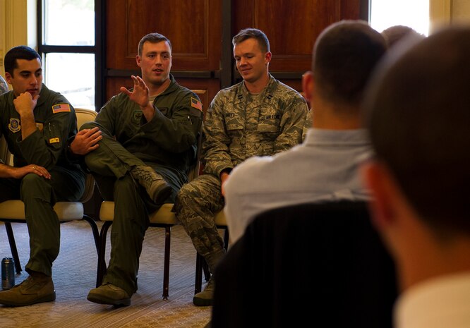 Capt. Jerry Coscarelli, 16th Airlift Squadron pilot, speaks with cadets from from Air Force Detachment 765 at The Citadel in Charleston, S.C., at the Charleston Club on Joint Base Charleston, S.C. The cadets were given the opportunity to listen to JB Charleston company grade officers during a mentorship conference where the cadets learned  about the different jobs and careers available to them, and also the demands expectated from future second lieutenents.  (U.S. Air Force photo/Airman 1st Class Clayton Cupit)