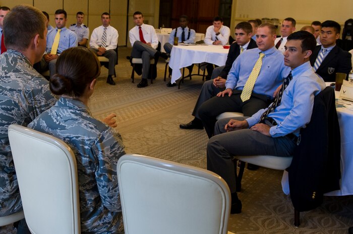 Cadets from Air Force Detachment 765 at The Citadel in Charleston, S.C.,   listen to Joint Base Charleston company grade officers as they speak about their respective careers and overall Air Force mission Oct. 22, 2014, at the Charleston Club on JB Charleston, S.C. The cadets were given the opportunity to listen to JB Charleston CGO’s during a mentorship conference where the cadets learned about the different jobs and careers available, and also the demands expected of future second lieutenents.  (U.S. Air Force photo/Airman 1st Class Clayton Cupit)